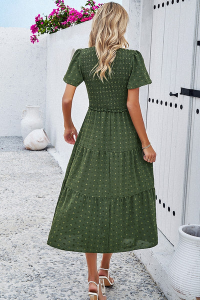 Dotted Vneck Smocked Tiered Midi Dress