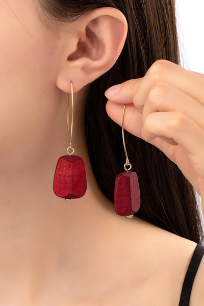 Faceted Wood Bead Long Fishhook Earrings