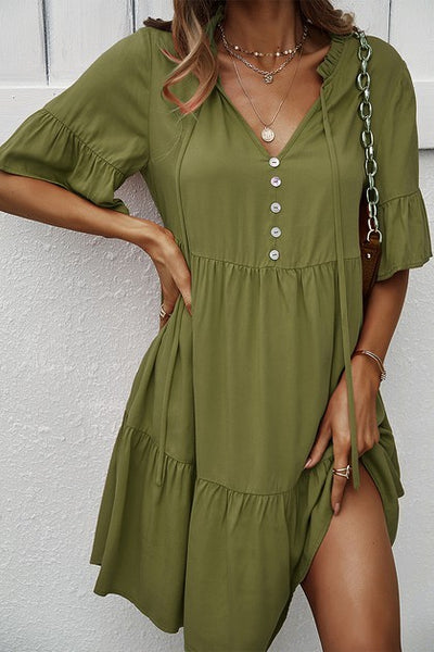 Cascade Ruffle Sleeve A-Line Dress