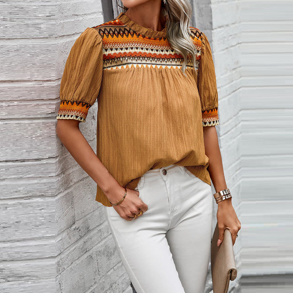 Elegantly Textured Blouse | Shirts & Blouse | elings, layering piece, layering top, loose fit, loose fit top, love kuza, lovely top, mock neck, new arrival, new arrivals, pretty top, short sleeve, short sleeve top, short sleeves, soft knit top, solid top, versatile top | Love, Kuza