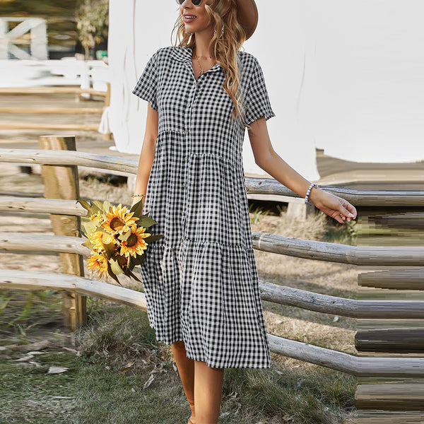 Checkered Charm Midi Dress | Dress | abstract midi dress, classy midi dress, cocktail midi dress, elings, Long Sleeve Dress, midi dress, new arrivals, ruffle, ruffle neck, ruffled dress, ruffled hem dress, ruffles, solid, tiered dress, tiered ruffled hem | Love, Kuza