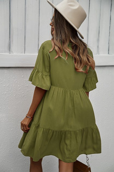 Cascade Ruffle Sleeve A-Line Dress