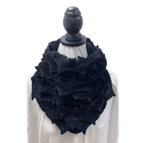 Black Angular Ruffles Crochet Infinity Scarf | Accessories | acrylic, classic, color, cozy, december scarf, everyday scarf, fall, fashionable scarf, fun, infinity, knit, modern, modern scarf, scarves, warm, warm scarf, winter | Love, Kuza