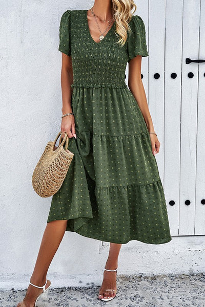 Dotted Vneck Smocked Tiered Midi Dress