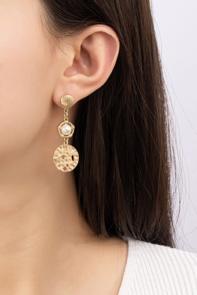 Pearl and Hammered Disk Drop Earrings