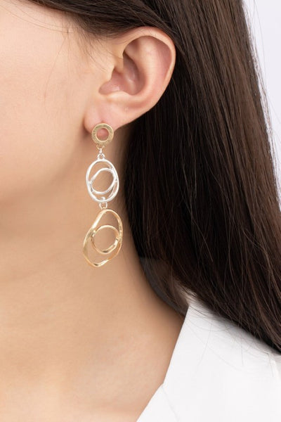 Two Tone Linear Hammered Circle Drop Earrings