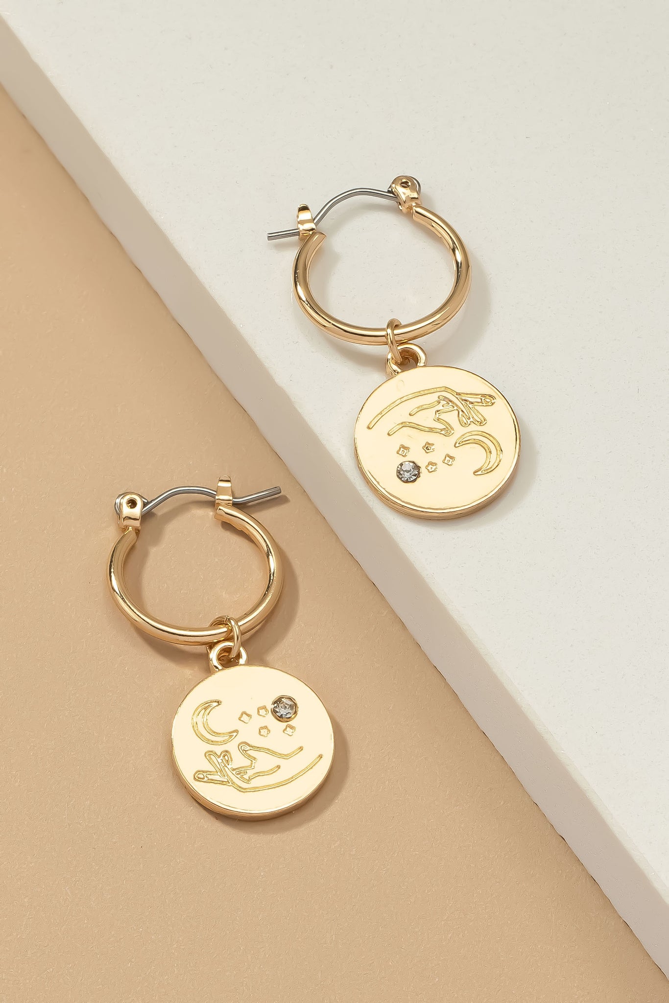 Huggie Hoop with Dangling Coin Engraved moon, hand & stars | Accessories | accessories, beads, coral, drop earrings, earrings, gold, ornate, VC earrings, very carrot | Very Carrot