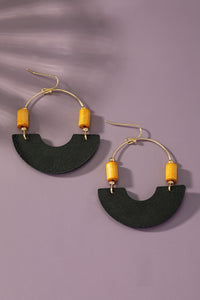 Leather Metal Arch Wood Beads Earrings