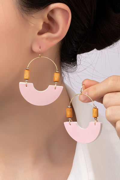 Leather Metal Arch Wood Beads Earrings