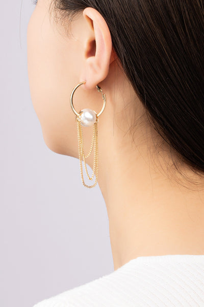 Hoop w/Pearl & Mini Curb Chain Drop Earrings