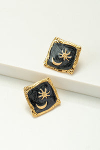 Moon Star Enamel Square Stud Earrings