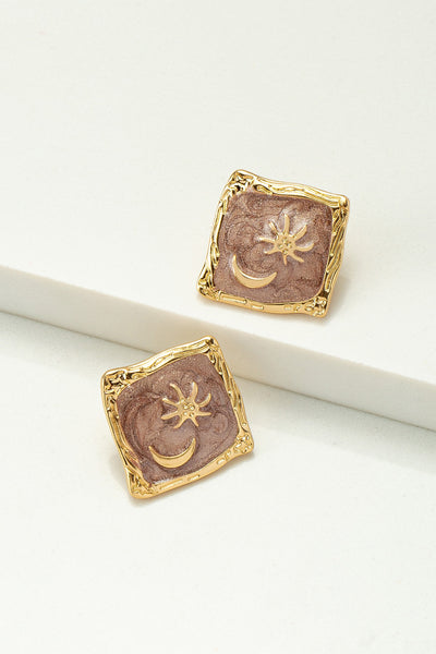 Moon Star Enamel Square Stud Earrings