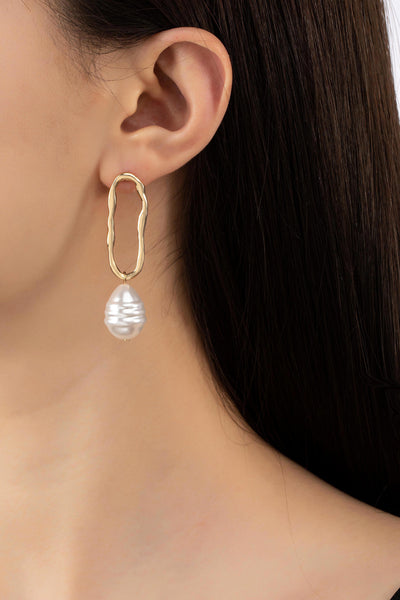 Gold Hammered Oval Hoop Pearl Drop Earrings