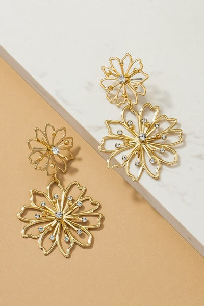 Double flower stamping drop earrings with rhinestones | Accessories | accessories, beads, coral, drop earrings, earrings, gold, ornate, VC earrings, very carrot | Very Carrot