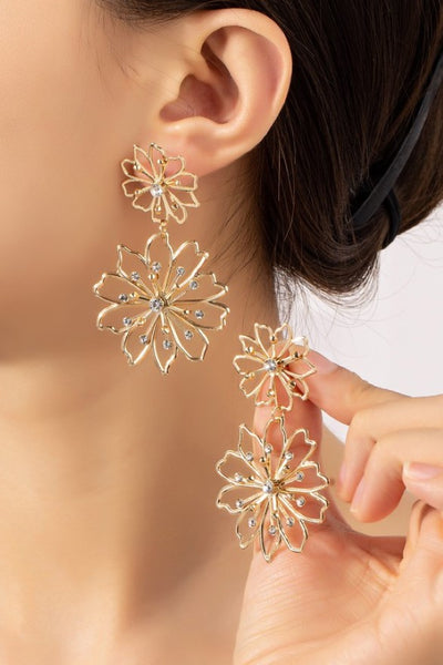 Double flower stamping drop earrings with rhinestones