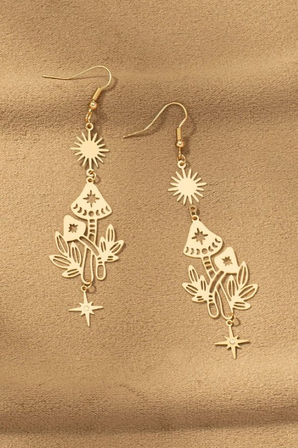 Brass Stamping Drop Earrings with Sun, Star and Mushroom | Accessories | accessories, beads, coral, drop earrings, earrings, gold, ornate, VC earrings, very carrot | Very Carrot