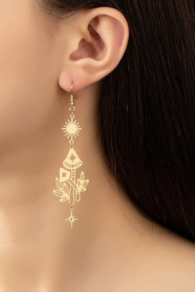 Brass Stamping Drop Earrings with Sun, Star and Mushroom