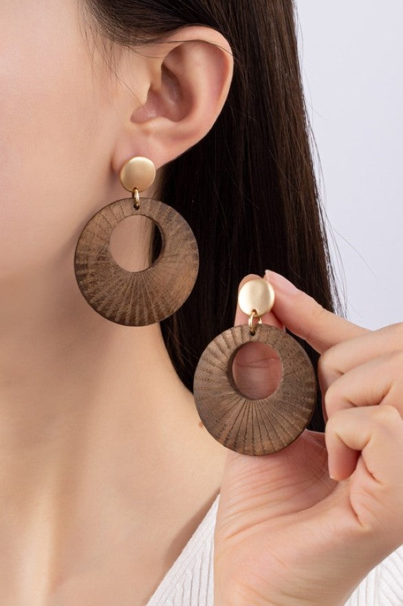 Etched Donut Shape Wood Drop Earring with Round Stud