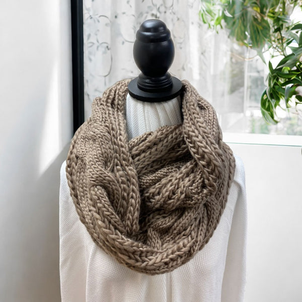 Mocha Double Chunky Cable Knit Infinity Scarf