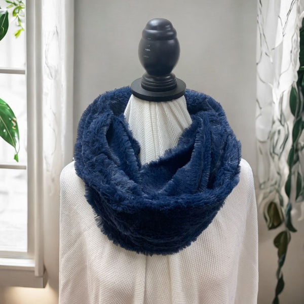 Navy Blue Plush Faux Fur Infinity Scarf