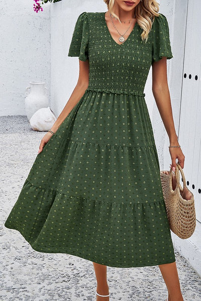 Dotted Vneck Smocked Tiered Midi Dress