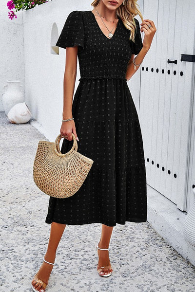 Dotted Vneck Smocked Tiered Midi Dress