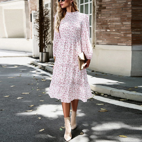 Ditsy Charm Midi Dress | Dress | abstract midi dress, classy midi dress, cocktail midi dress, elings, Long Sleeve Dress, midi dress, new arrivals, ruffle, ruffle neck, ruffled dress, ruffled hem dress, ruffles, solid, tiered dress, tiered ruffled hem | Love, Kuza