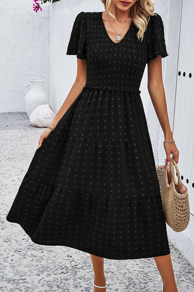 Dotted Vneck Smocked Tiered Midi Dress