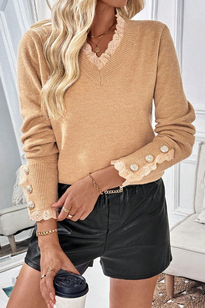 Lace-Trim Cozy Knit Pullover